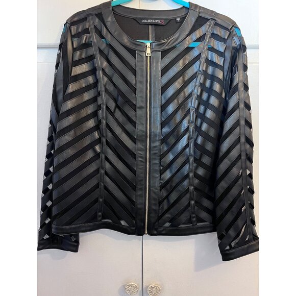 New! Black Sheer Stripe Mesh Vegan Leather Zip Jacket Colleen Lopez, Size Medium - Picture 2 of 10